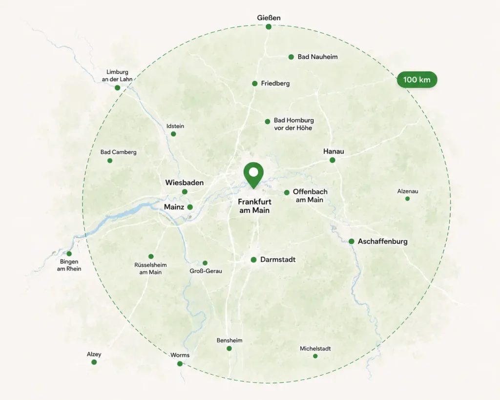 Karte des Einsatzgebiets für KFZ-Gutachten im Umkreis von 100 km um Frankfurt am Main, Wiesbaden, Mainz, Darmstadt und Offenbach
