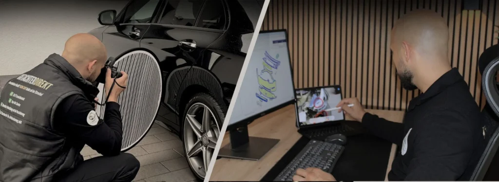 KFZ-Gutachter fotografiert Delle an Auto mit Dellenreflektor und wertet den Schaden am PC aus