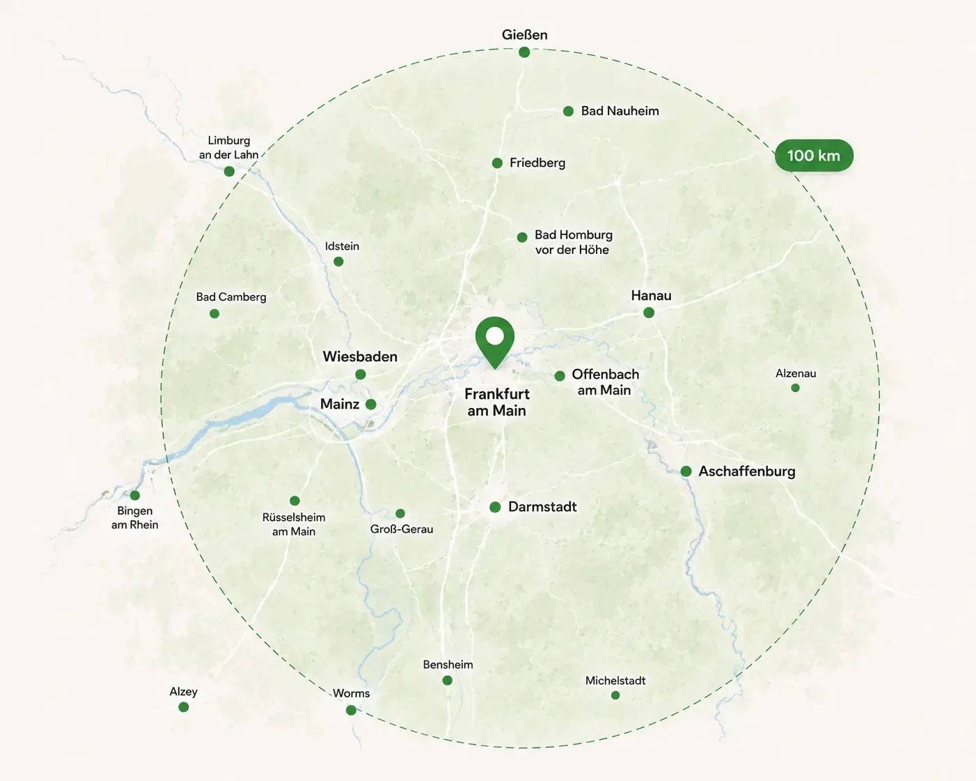 Karte des Einsatzgebiets: Rhein-Main-Gebiet mit 100-km-Umkreis um Frankfurt am Main, darunter Wiesbaden, Mainz, Darmstadt, Offenbach, Hanau und Aschaffenburg